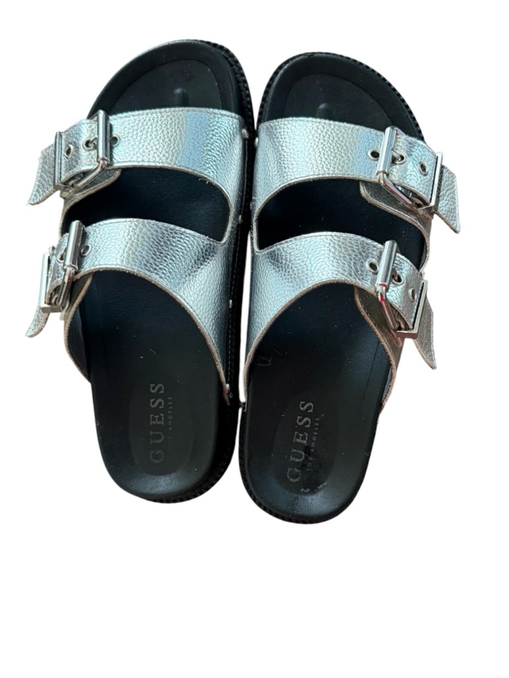 GUESS Metallic Silver Double-Buckle Slide Sandals